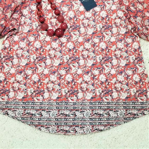 Top, Blouse. Terracotta, Ivory, Blue Floral Print. Lucky Brand. Size S/P. NWT - Picture 7 of 11